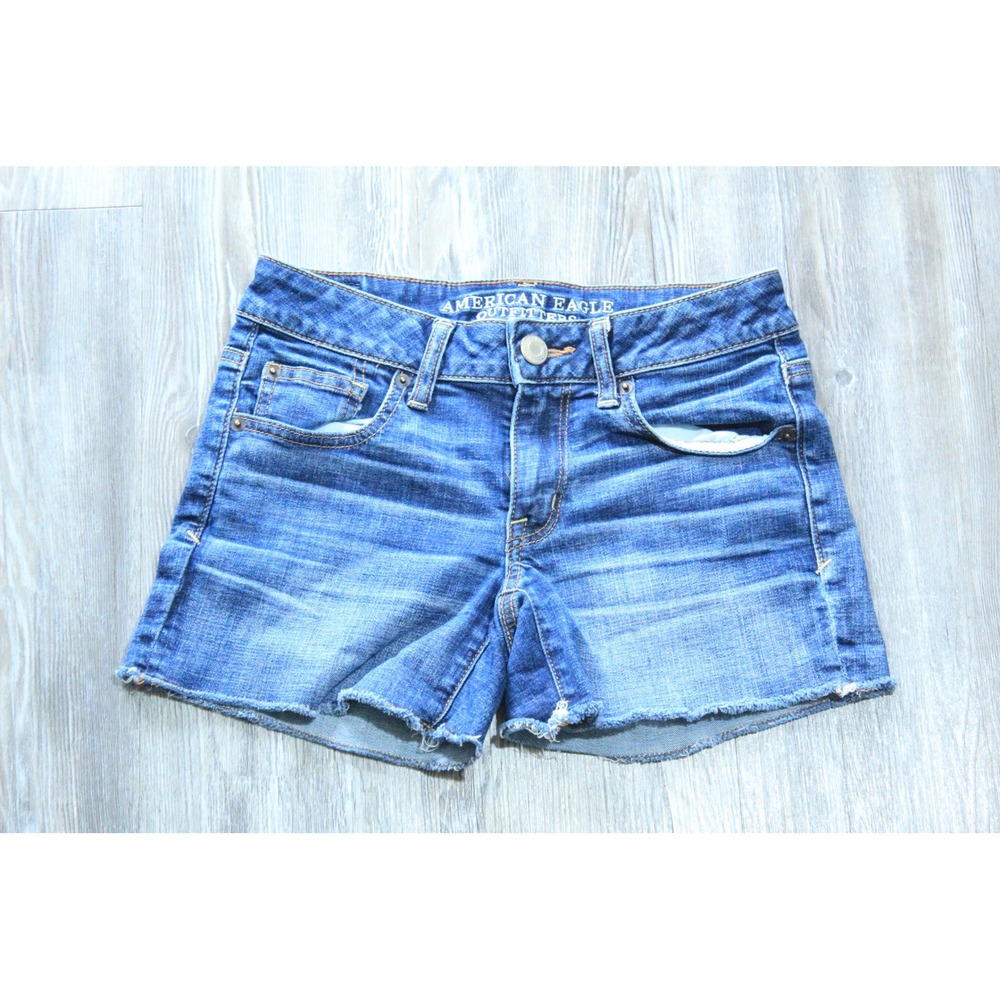 American Eagle Jean Shorts Womens Sz 2 Blue Denim Super Stretch Frayed Hem